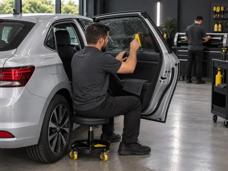 Dois aplicadores aplicando película em um carro novo, dentro do box fechado