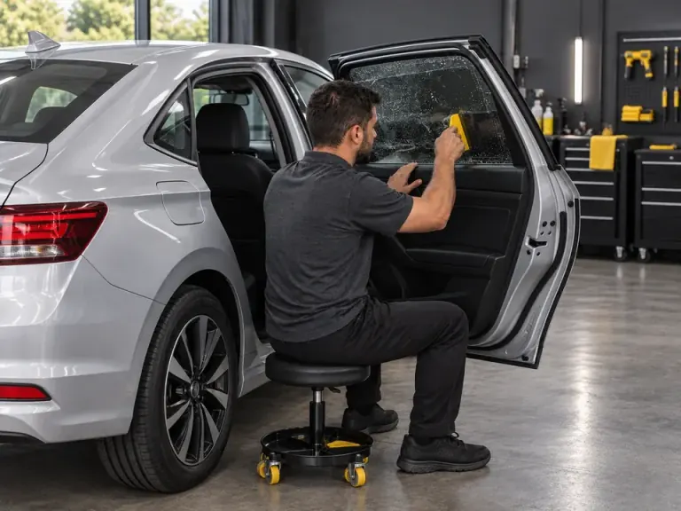Mãos de um aplicador alisando a película automotiva no vidro lateral de um carro