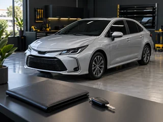 Carro novo em oficina especializada, com pasta de garantia em primeiro plano