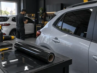 Amostra de película nano carbono ao lado do vidro de um carro