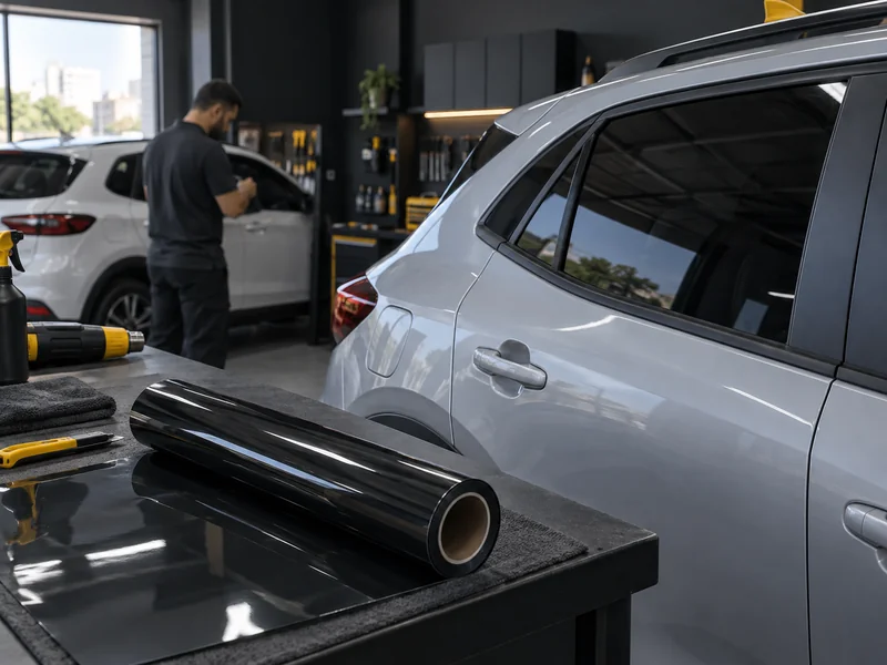 Rolo de película nano carbono ao lado do vidro lateral de um carro
