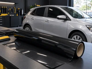 Rolo de película de poliéster ao lado do vidro de um carro