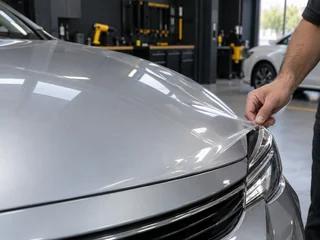 Capô de um carro com PPF aplicado em parte da superfície