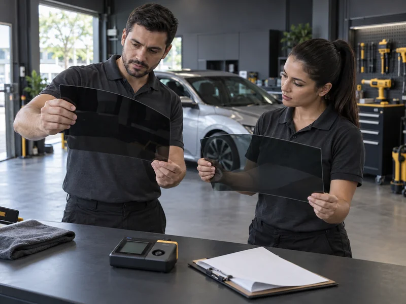 Amostras de película e equipamento de medição em uma bancada de análise técnica