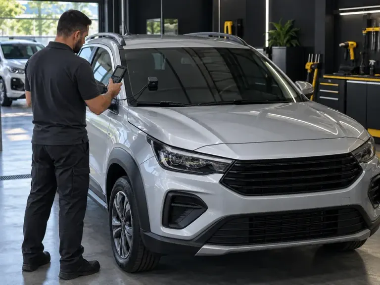 Medidor de transparência encostado no para-brisa de um carro com película clara,