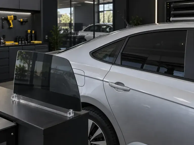 Amostra de película nano carbono ao lado do vidro lateral de um carro