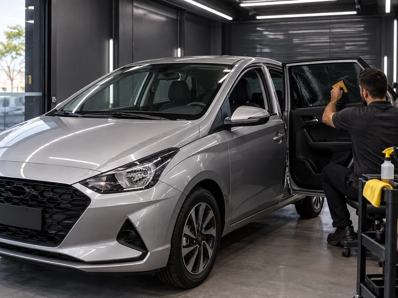 Aplicação de película nano carbono em um carro, dentro do box fechado da loja