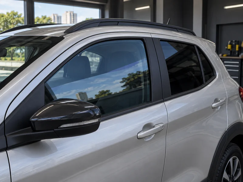 Vidro lateral de um carro com película nano cerâmica Window Blue aplicada