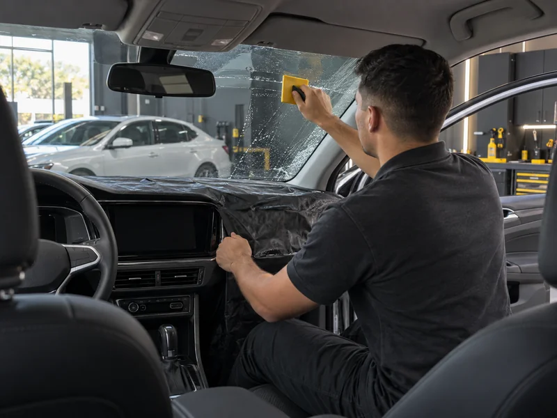Aplicação de película de alta performance no para-brisa de um carro