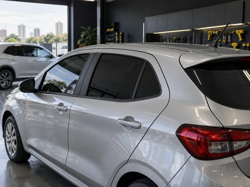 Vidro lateral de um carro com película simples de poliéster aplicada e selo no canto