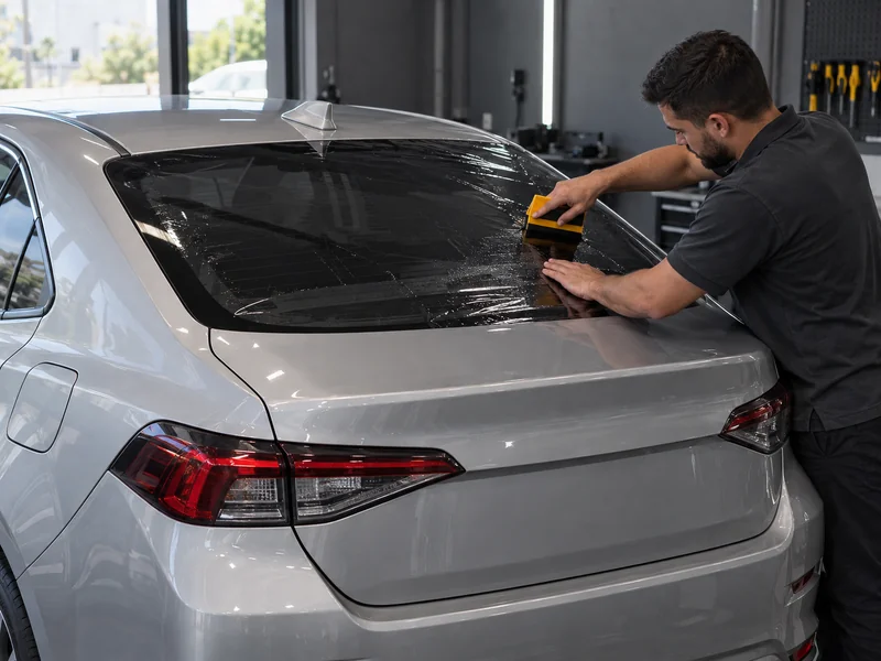 Aplicação de película simples de poliéster profissional no vidro traseiro de um carro