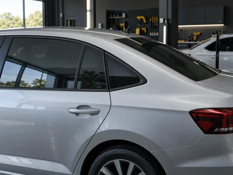 Vidro lateral de um carro com película nano cerâmica Window Blue aplicada e selo no canto do vidro