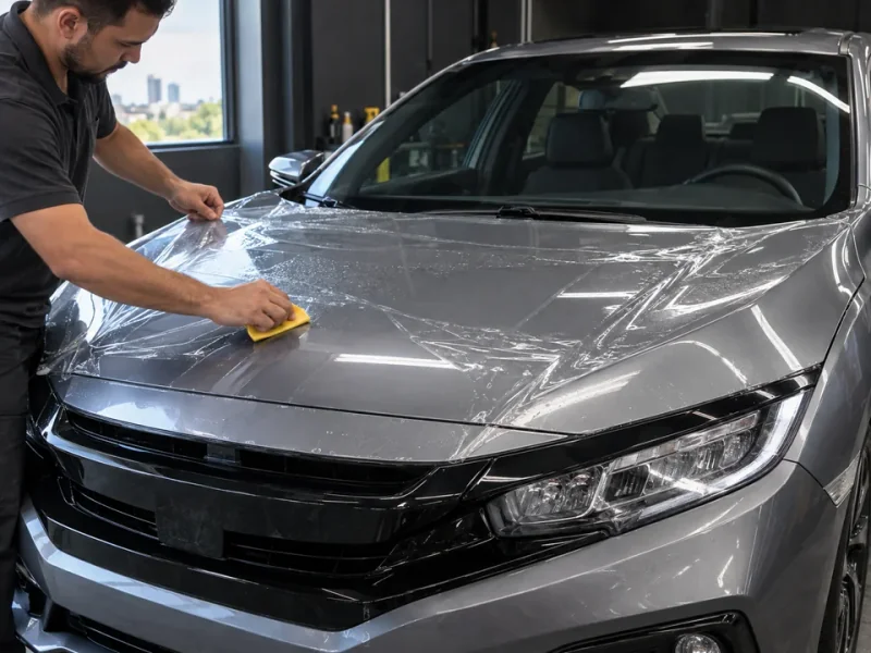 Aplicação de PPF, a película de proteção de pintura, na frente de um carro