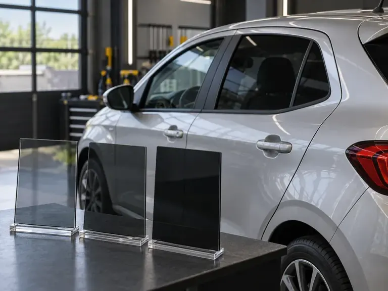 Amostras dos três tipos de película automotiva, simples, nano carbono e nano cerâmica, ao lado do vidro de um carro