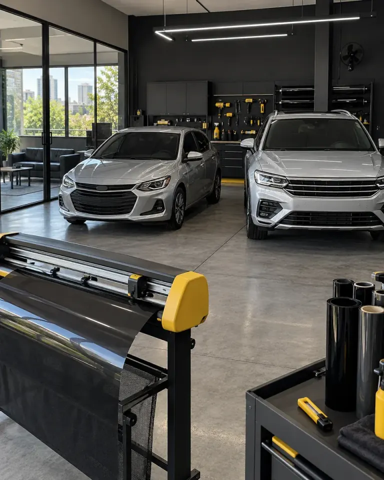 Estrutura : box fechado com espaço para dois carros e máquina de corte de película